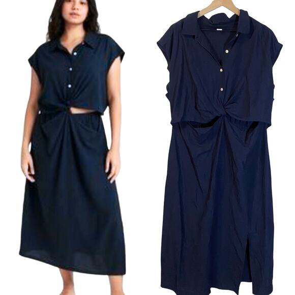 Old Navy Dresses & Skirts - Old Navy Blue Short Sleeve Twist Front Cutout Midi Shirt Dress Linen Blend Sz 2X